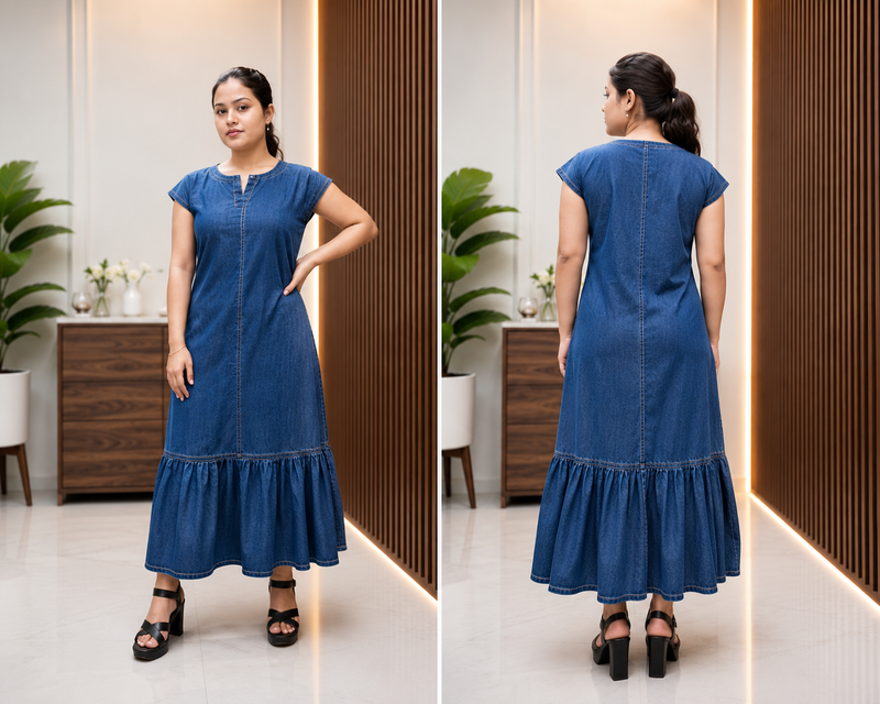 Denim Long Dress With Tear