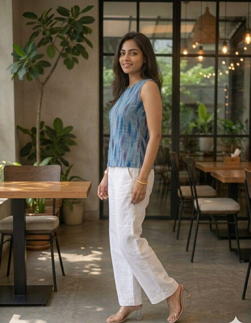 Blue Ikat Sleeveless Peplum Top