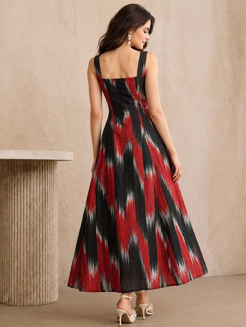 Bold Ikat Print Square-Neck Maxi Dress