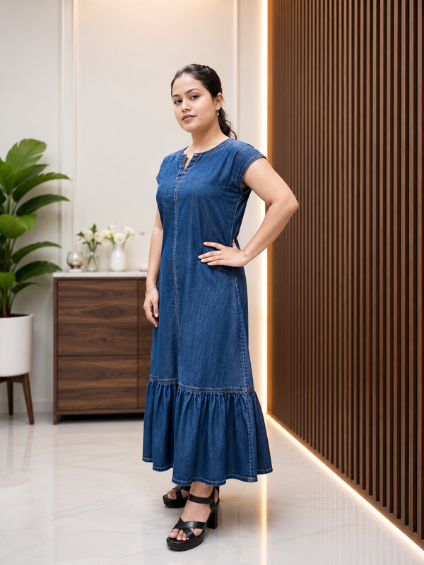 Denim Long Dress With Tear