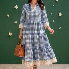 Blue & White Checks Tiered Dress