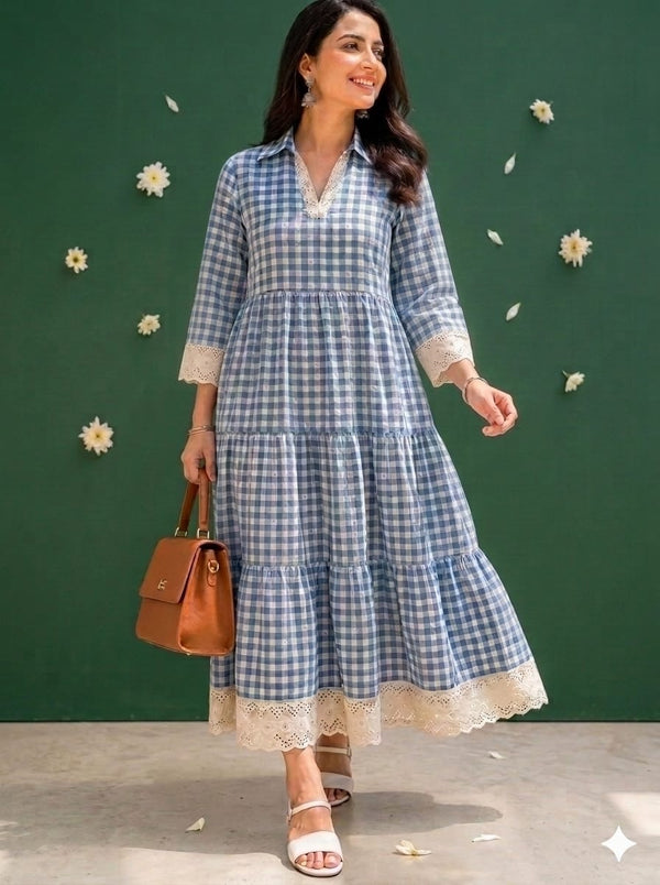 Blue & White Checks Tiered Dress