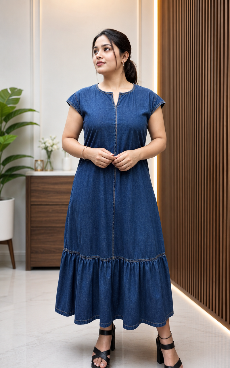 Denim Long Dress With Tear