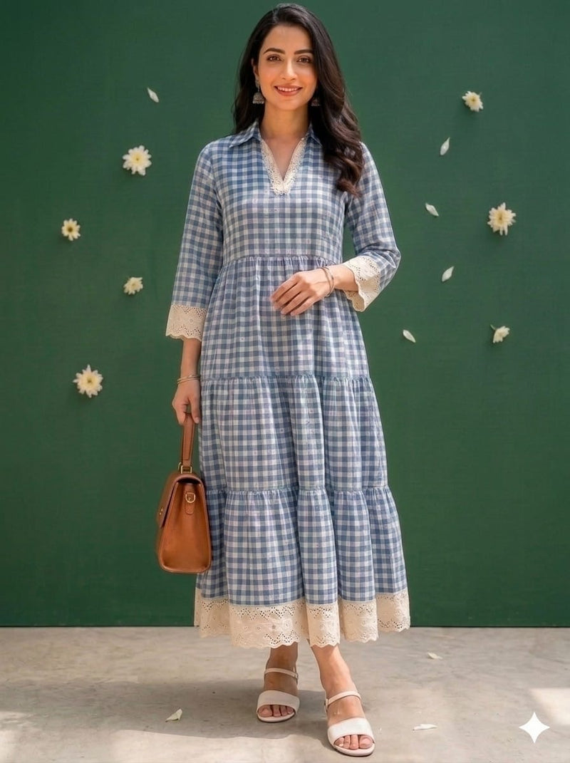 Blue & White Checks Tiered Dress