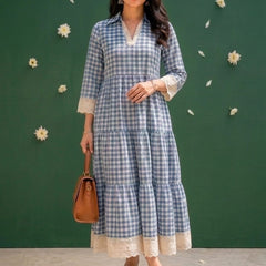 Blue & White Checks Tiered Dress