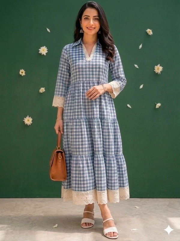Blue & White Checks Tiered Dress