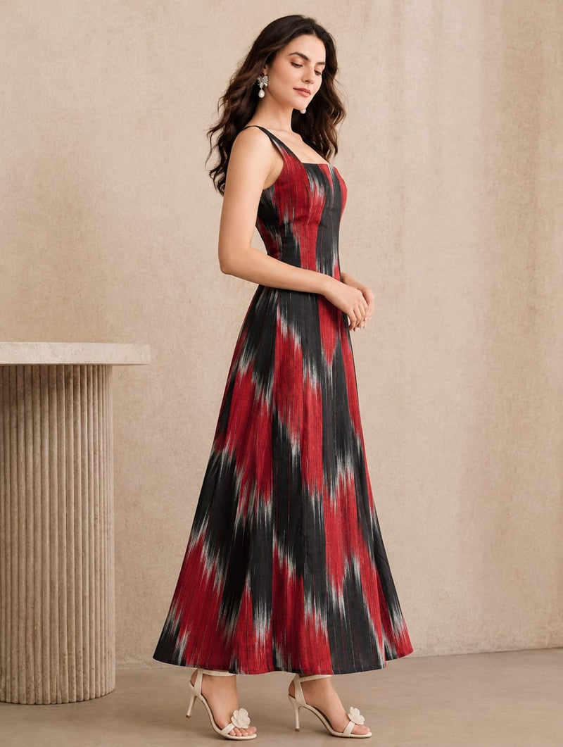 Bold Ikat Print Square-Neck Maxi Dress