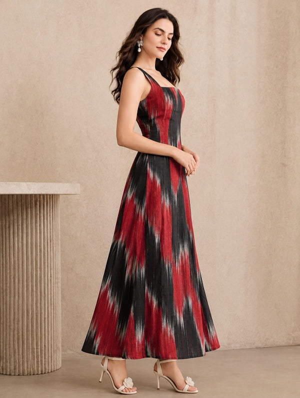 Bold Ikat Print Square-Neck Maxi Dress