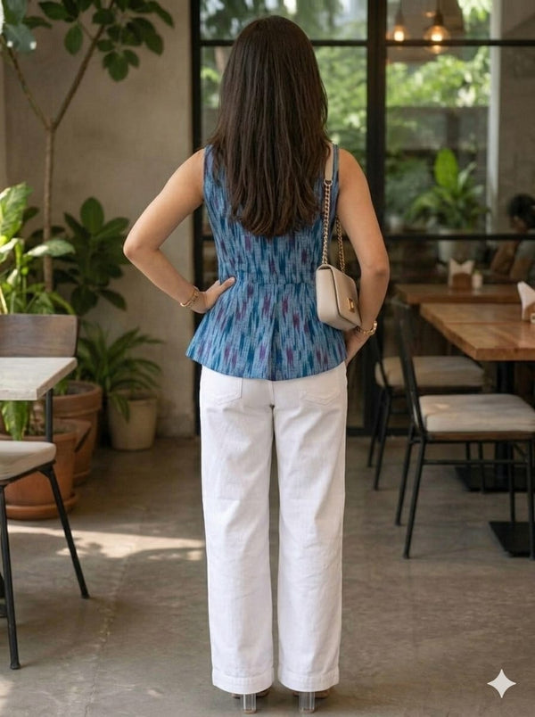 Blue Ikat Sleeveless Peplum Top