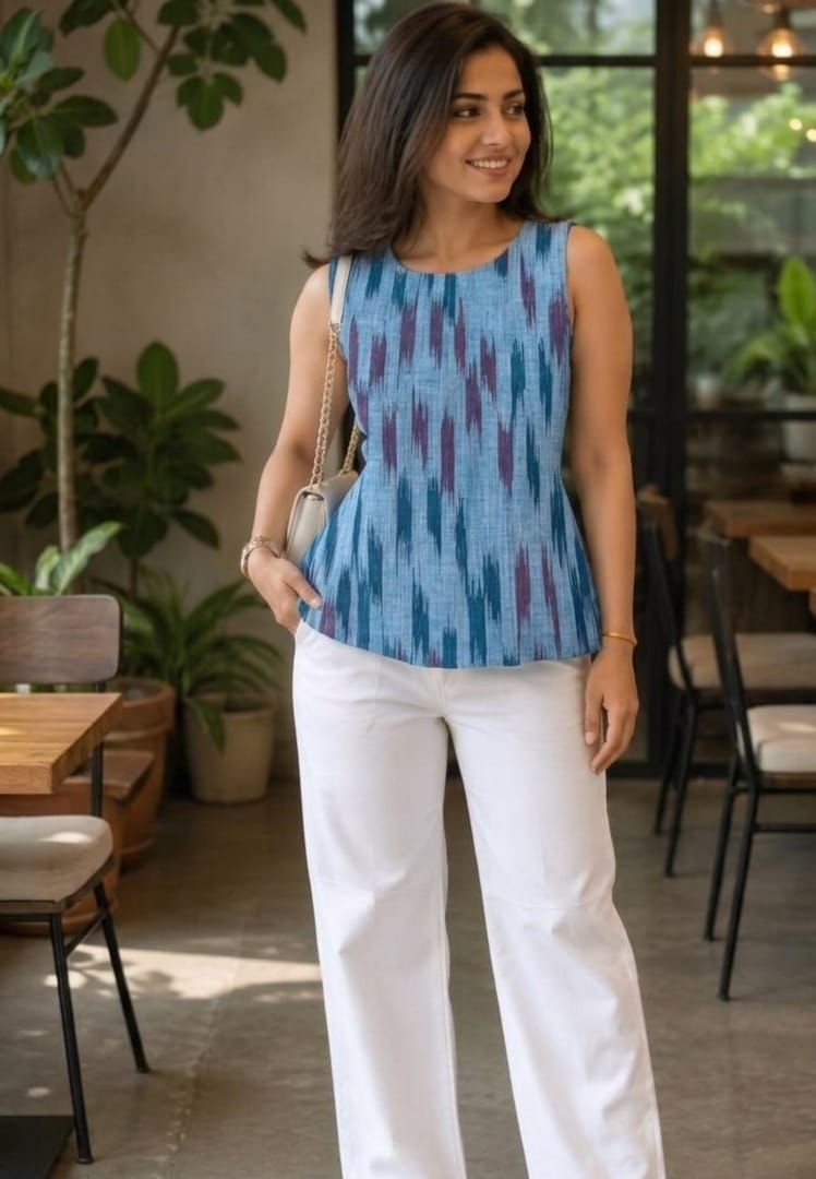 Blue Ikat Sleeveless Peplum Top