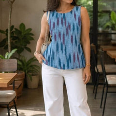 Blue Ikat Sleeveless Peplum Top