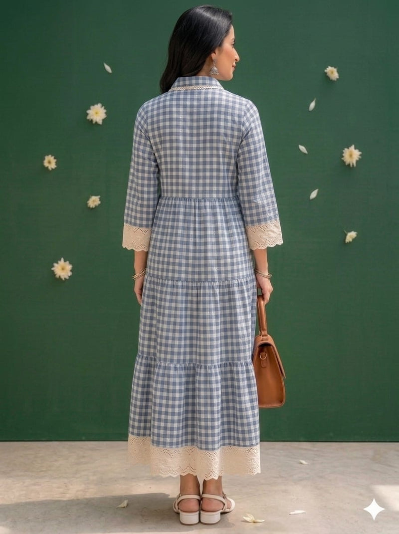 Blue & White Checks Tiered Dress