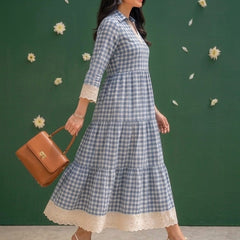 Blue & White Checks Tiered Dress