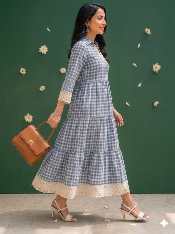 Blue & White Checks Tiered Dress