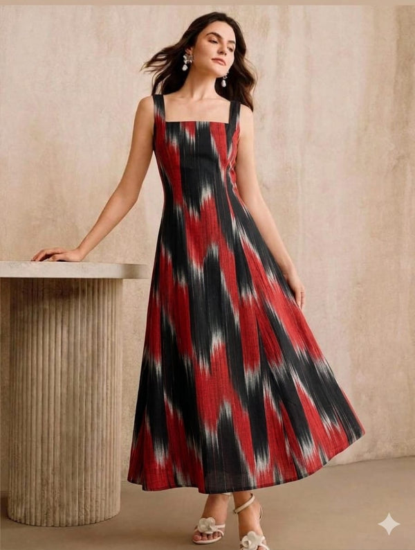 Bold Ikat Print Square-Neck Maxi Dress