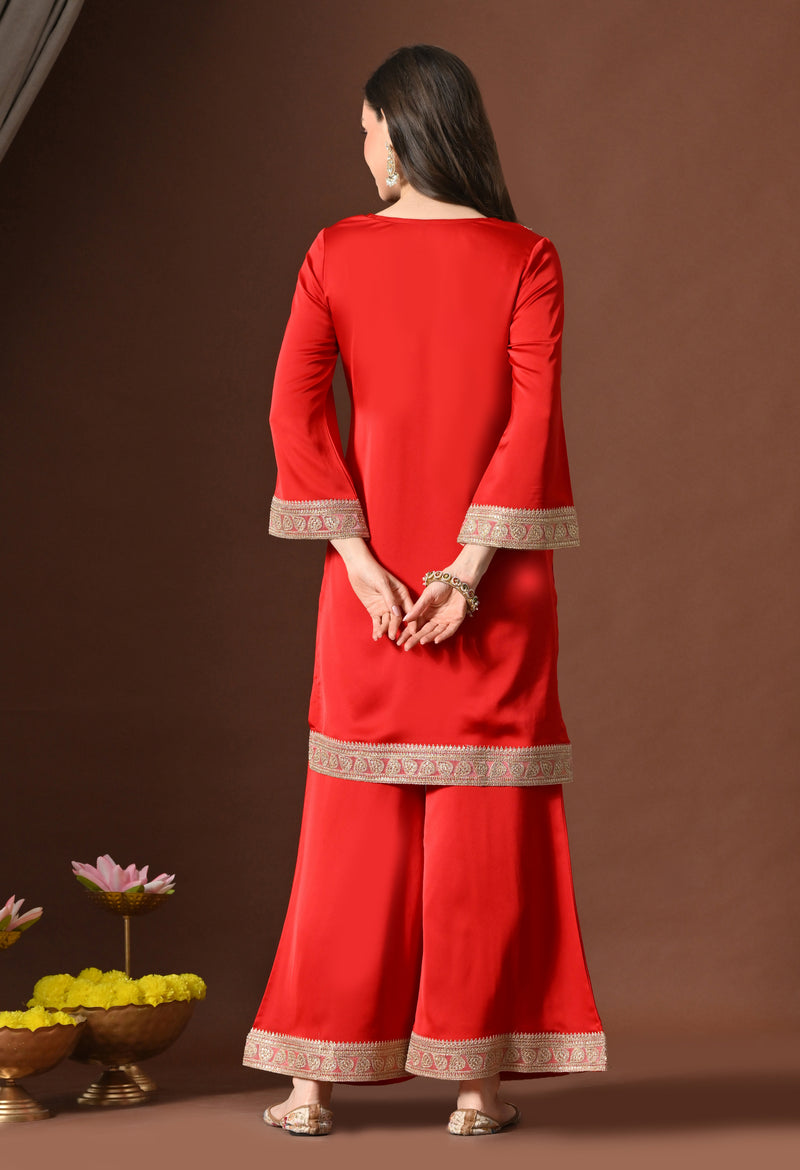 Plain Red Suit With Golden Lace