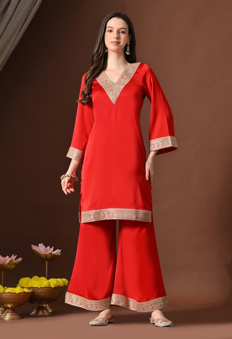 Plain Red Suit With Golden Lace