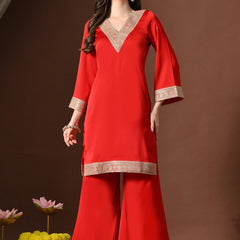 Plain Red Suit With Golden Lace