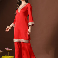 Plain Red Suit With Golden Lace