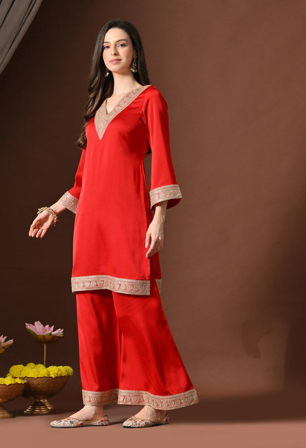 Plain Red Suit With Golden Lace