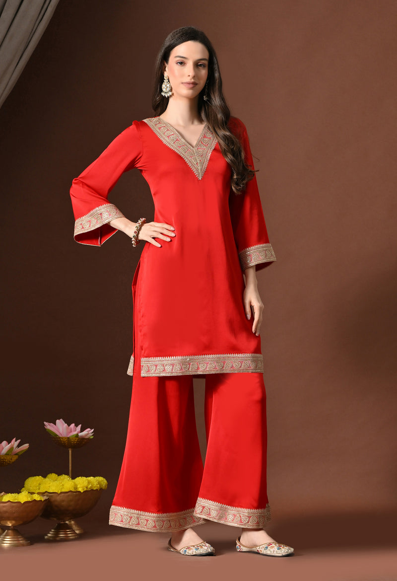 Plain Red Suit With Golden Lace