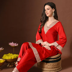 Plain Red Suit With Golden Lace