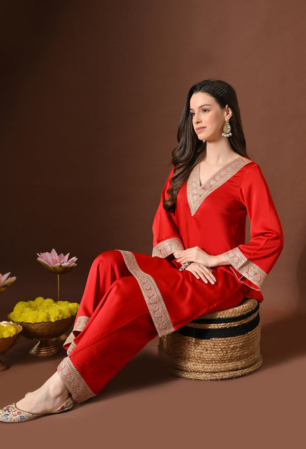 Plain Red Suit With Golden Lace