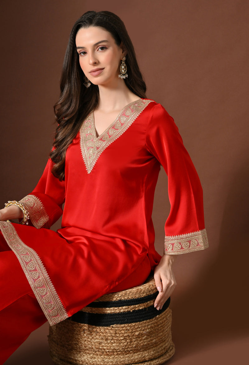 Plain Red Suit With Golden Lace