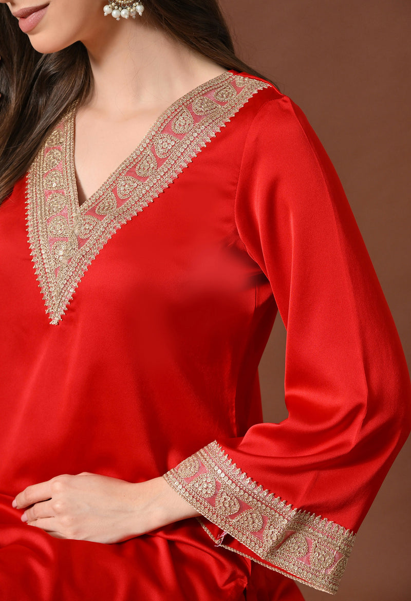 Plain Red Suit With Golden Lace