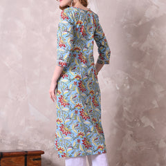 Sky Blue Floral Printed Cotton Kurta