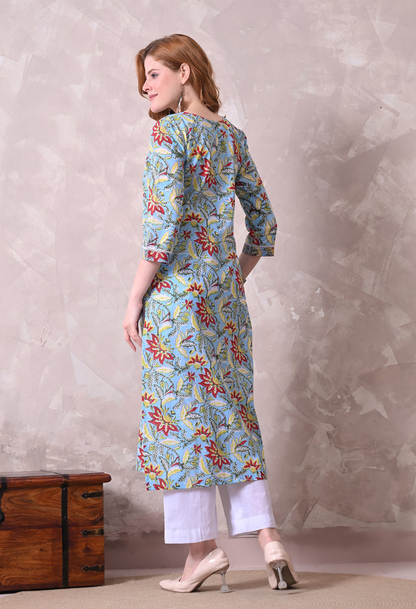 Sky Blue Floral Printed Cotton Kurta