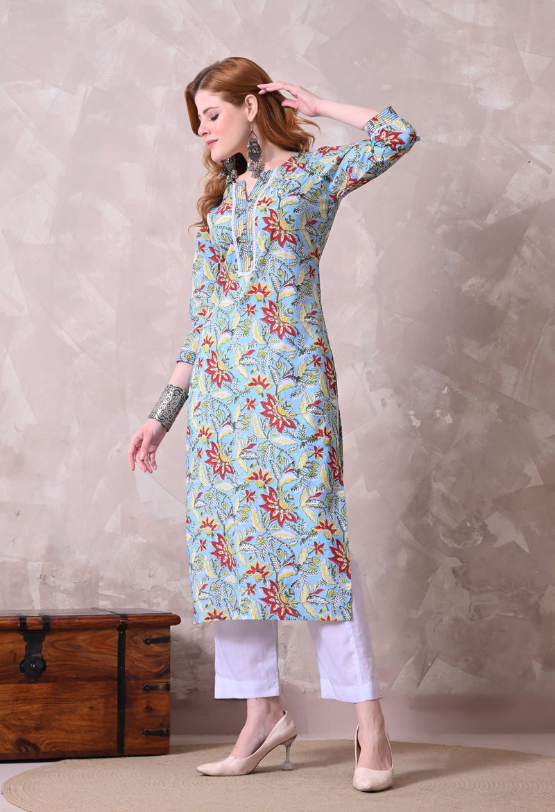 Sky Blue Floral Printed Cotton Kurta