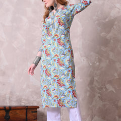 Sky Blue Floral Printed Cotton Kurta