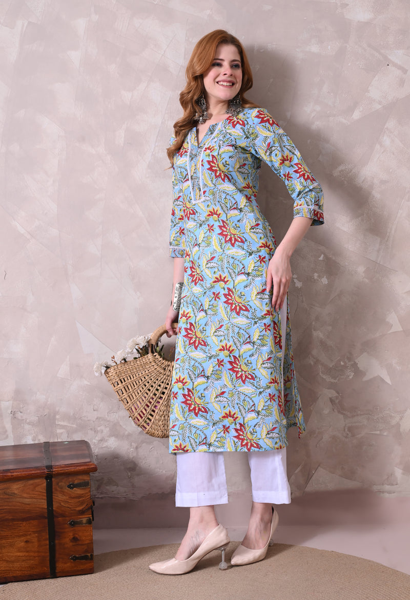 Sky Blue Floral Printed Cotton Kurta