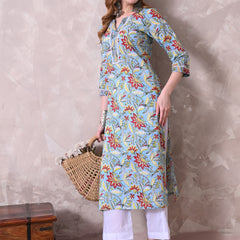 Sky Blue Floral Printed Cotton Kurta