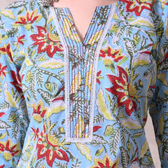 Sky Blue Floral Printed Cotton Kurta