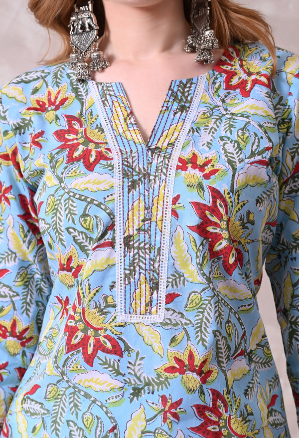 Sky Blue Floral Printed Cotton Kurta