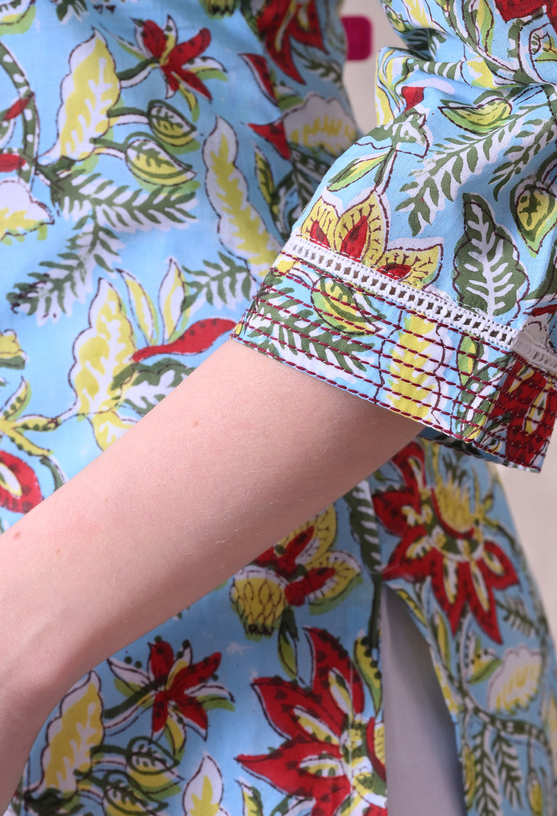 Sky Blue Floral Printed Cotton Kurta