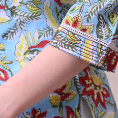 Sky Blue Floral Printed Cotton Kurta