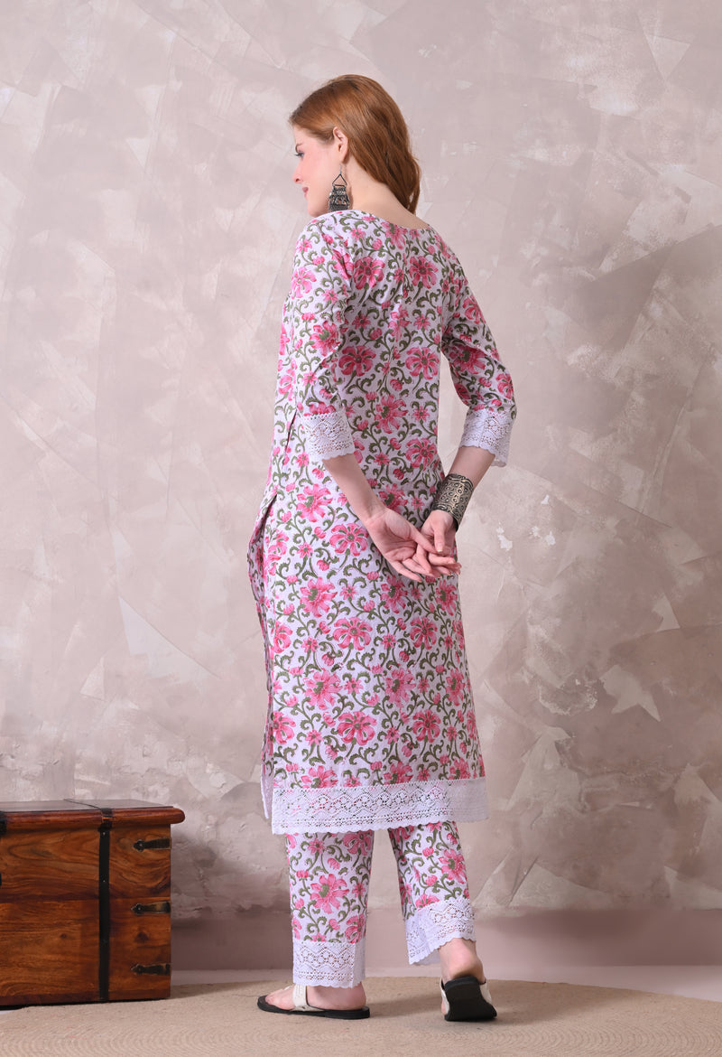 White Floral Printed Kurta with Lace Co-ord Set