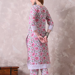 White Floral Printed Kurta with Lace Co-ord Set