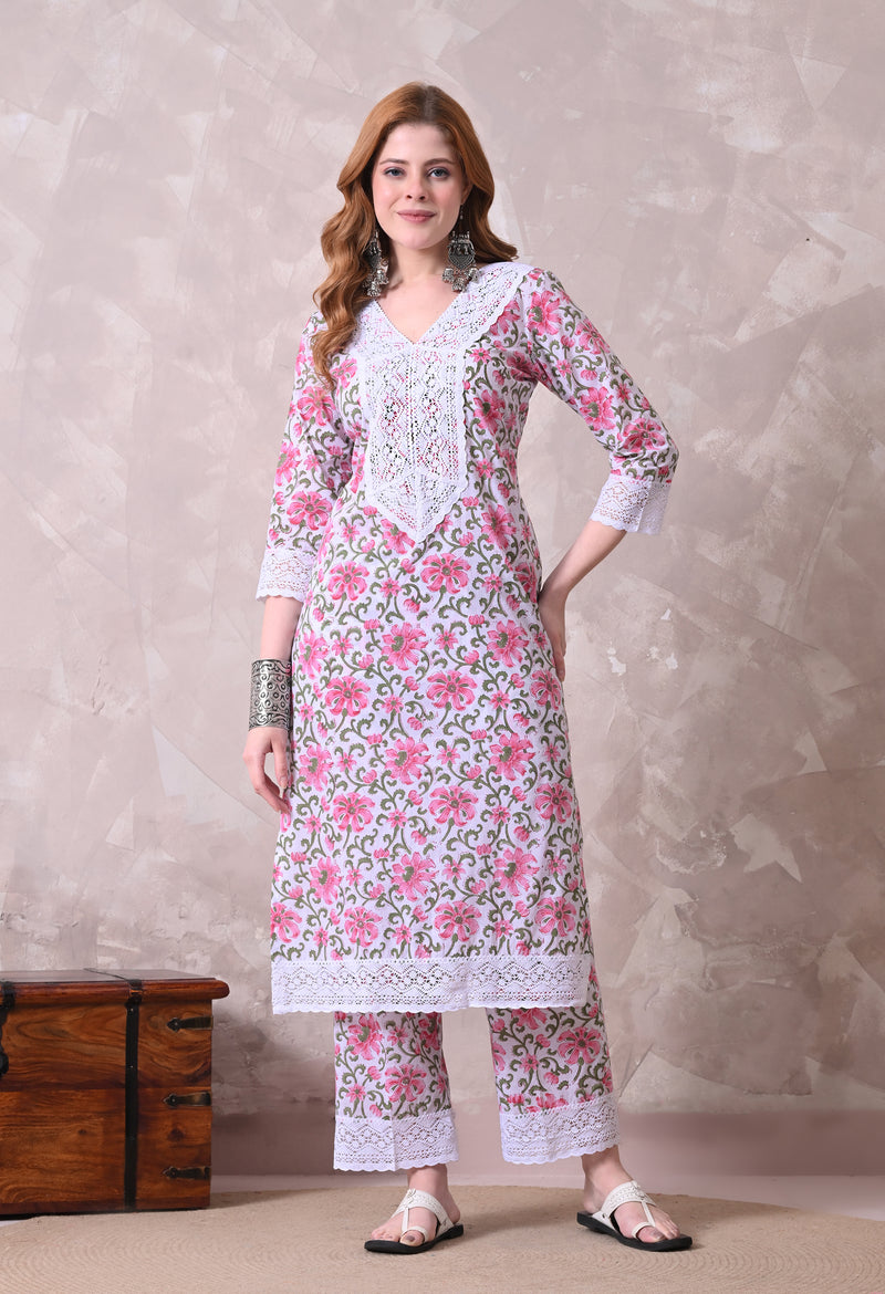 White Floral Printed Kurta with Lace Co-ord Set