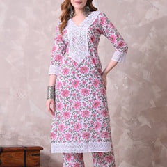 White Floral Printed Kurta with Lace Co-ord Set