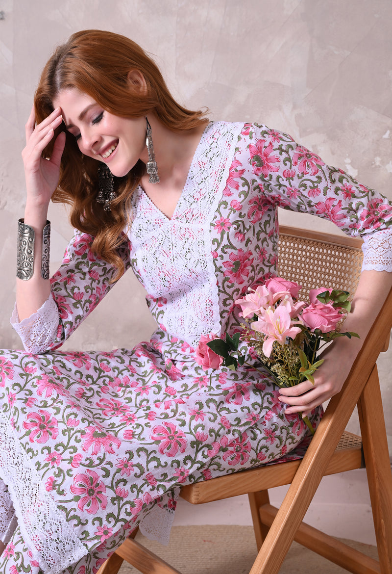 White Floral Printed Kurta with Lace Co-ord Set