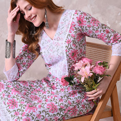 White Floral Printed Kurta with Lace Co-ord Set