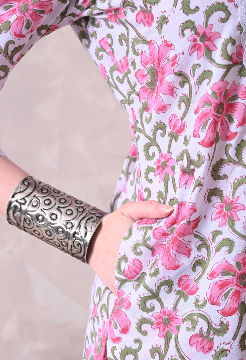 White Floral Printed Kurta with Lace Co-ord Set