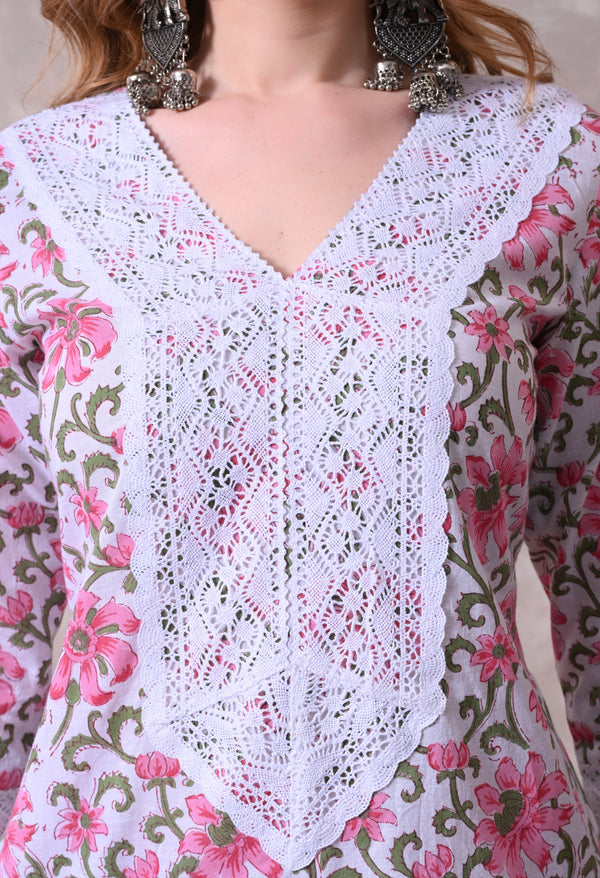 White Floral Printed Kurta with Lace Co-ord Set
