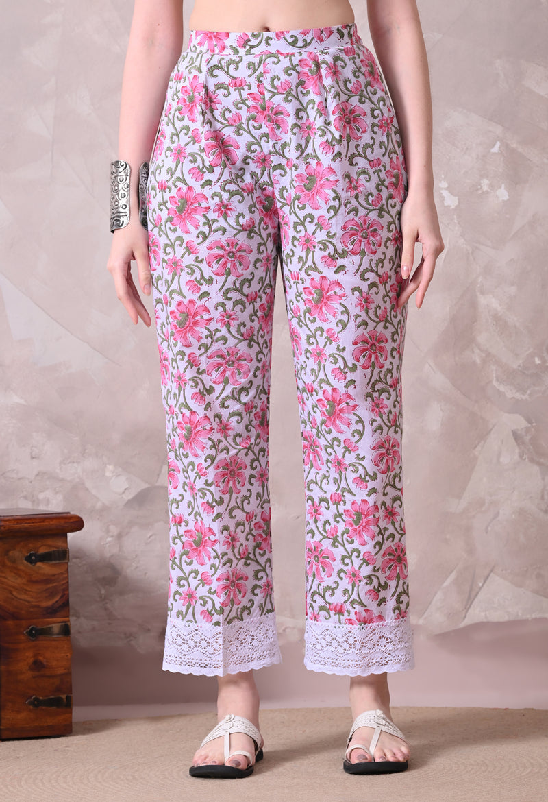 White Floral Printed Kurta with Lace Co-ord Set