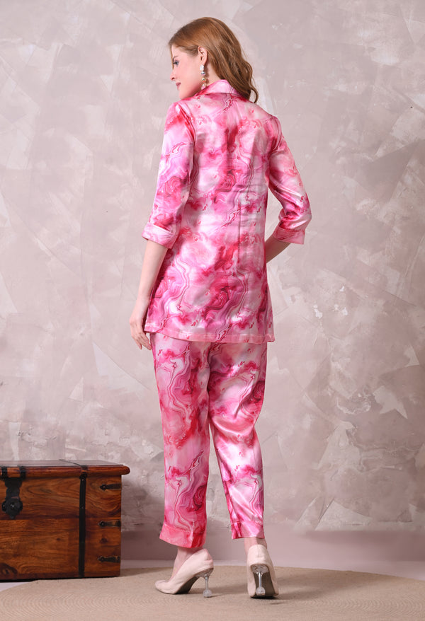 Pink Marble Print Satin Co-ord Set