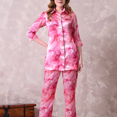 Pink Marble Print Satin Co-ord Set
